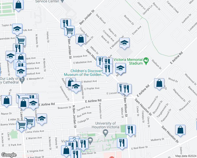 map of restaurants, bars, coffee shops, grocery stores, and more near 2501 Juglan Drive in Victoria