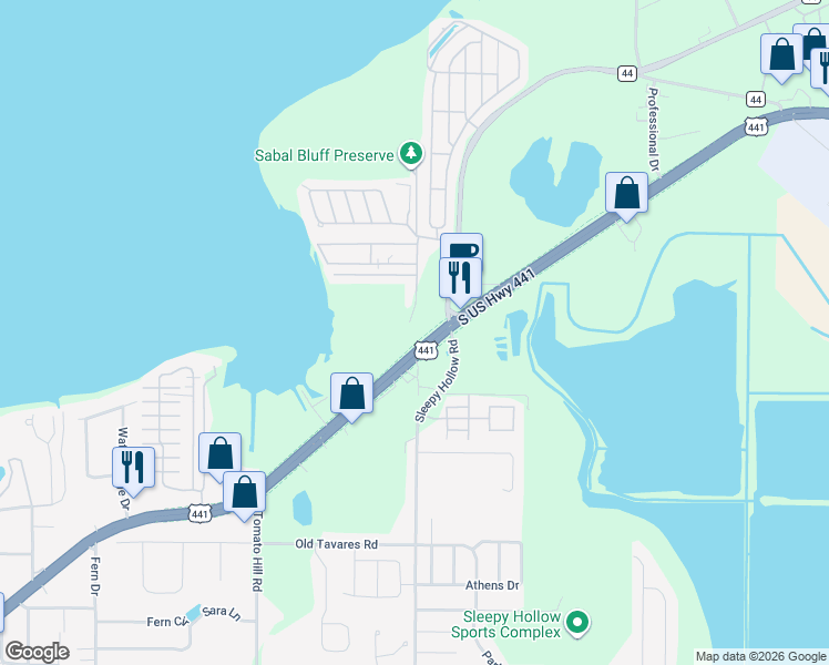map of restaurants, bars, coffee shops, grocery stores, and more near 7501 County Road 44 in Leesburg