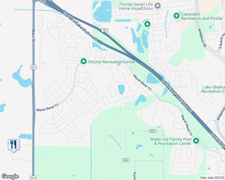 map of restaurants, bars, coffee shops, grocery stores, and more near Northeast 40th Tr in Wildwood