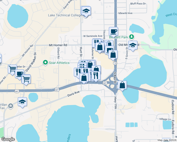 map of restaurants, bars, coffee shops, grocery stores, and more near 405 Plaza Drive in Eustis