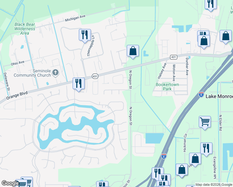 map of restaurants, bars, coffee shops, grocery stores, and more near 1162 Lebanon Court in Sanford