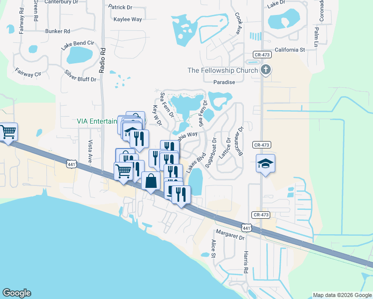 map of restaurants, bars, coffee shops, grocery stores, and more near 8 Bahia Way in Leesburg