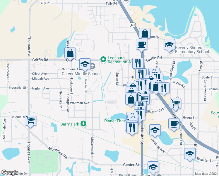 map of restaurants, bars, coffee shops, grocery stores, and more near 1023 Birchwood Court in Leesburg