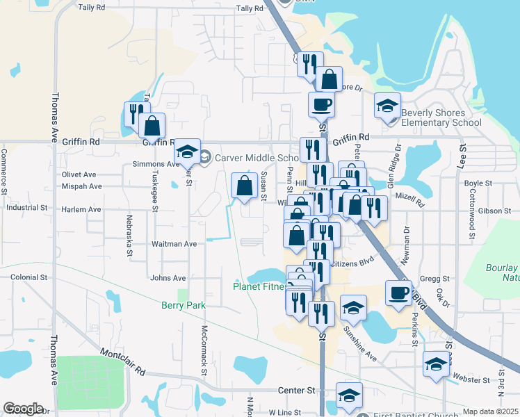 map of restaurants, bars, coffee shops, grocery stores, and more near 1025 Susan Street in Leesburg