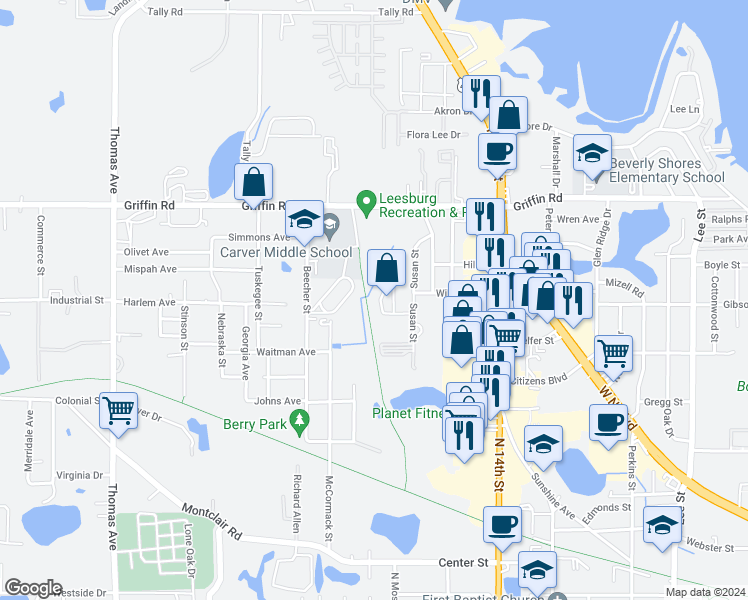 map of restaurants, bars, coffee shops, grocery stores, and more near 1721 Birchwood Circle in Leesburg