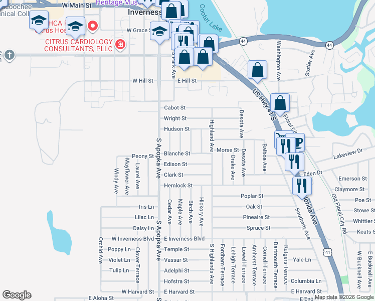 map of restaurants, bars, coffee shops, grocery stores, and more near 625 Bell Avenue in Inverness