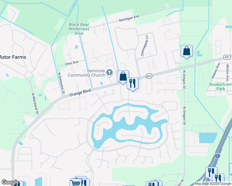 map of restaurants, bars, coffee shops, grocery stores, and more near 4994 Fawn Ridge Place in Sanford