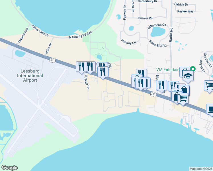 map of restaurants, bars, coffee shops, grocery stores, and more near Lake Harris Cove Avenue in Leesburg