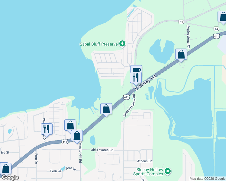 map of restaurants, bars, coffee shops, grocery stores, and more near 7501 County Road 44 in Leesburg