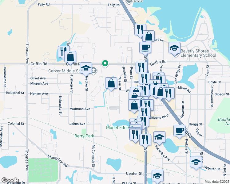 map of restaurants, bars, coffee shops, grocery stores, and more near 1727 Birchwood Circle in Leesburg