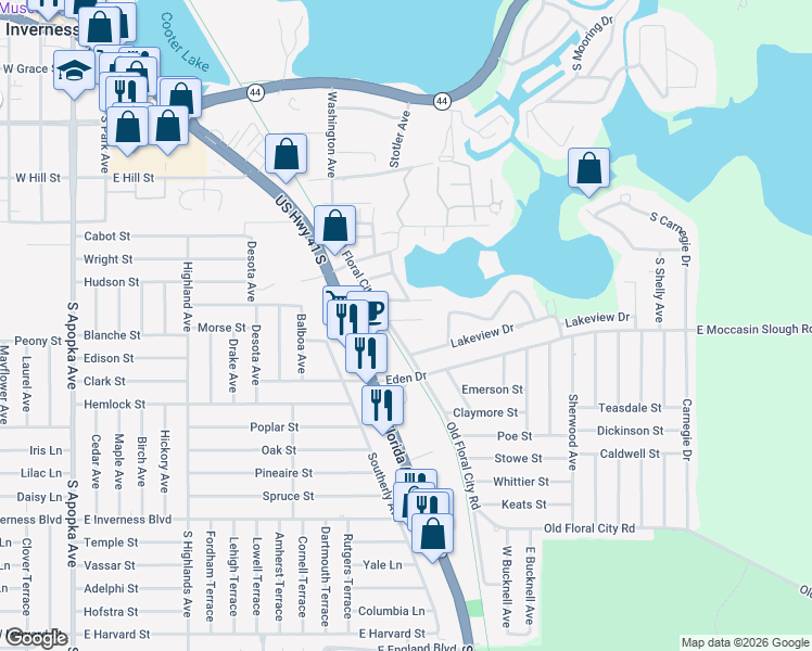 map of restaurants, bars, coffee shops, grocery stores, and more near 1011 Knob Hill Street in Inverness