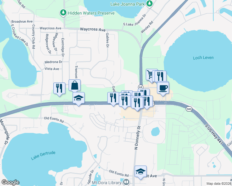 map of restaurants, bars, coffee shops, grocery stores, and more near 2780 Gables Drive in Eustis