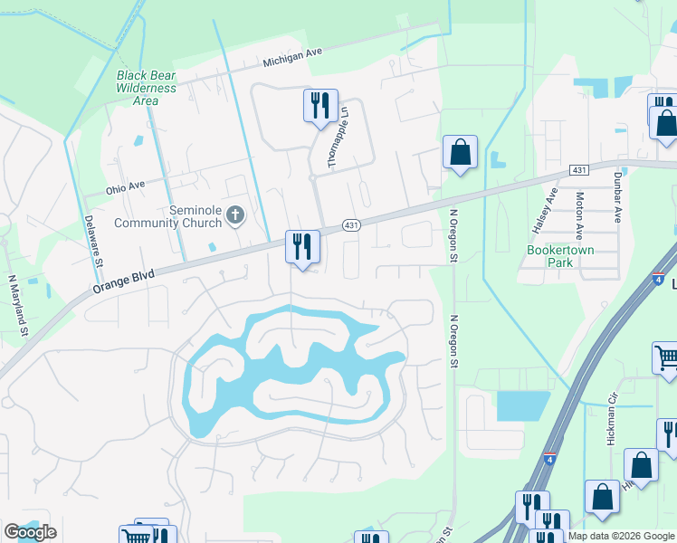 map of restaurants, bars, coffee shops, grocery stores, and more near 1093 Amanda Kay Circle in Sanford