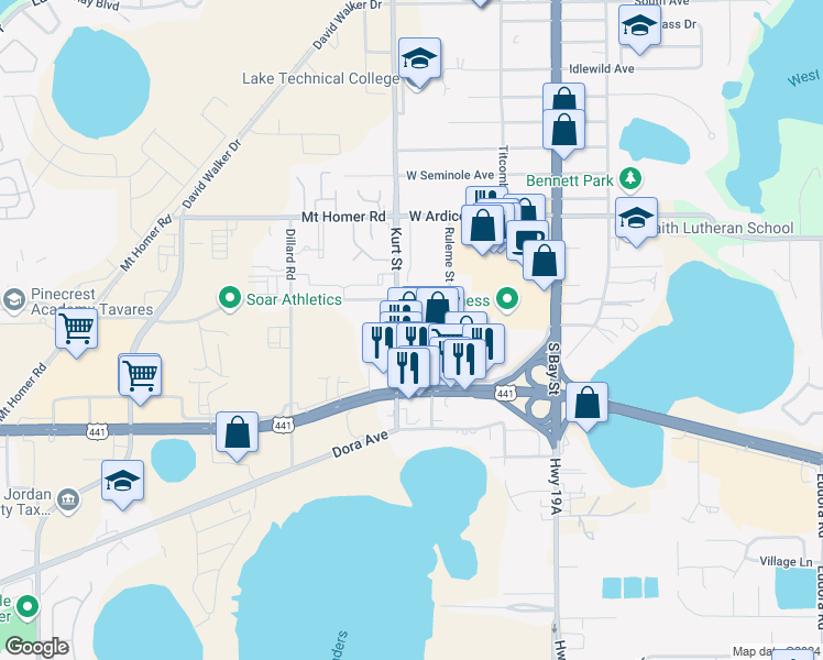 map of restaurants, bars, coffee shops, grocery stores, and more near 2815 Kurt Street in Eustis