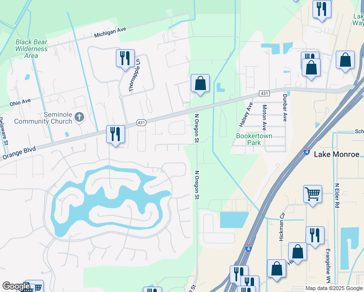 map of restaurants, bars, coffee shops, grocery stores, and more near 4574 Redmond Place in Sanford