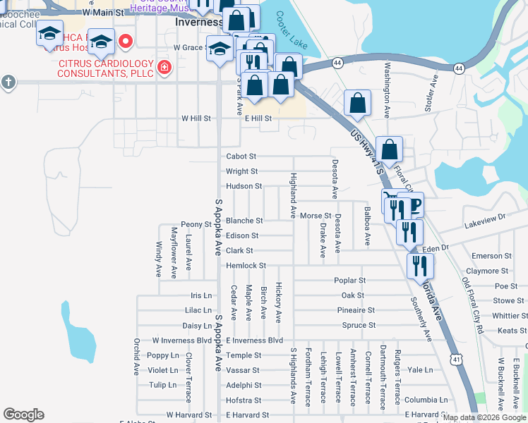 map of restaurants, bars, coffee shops, grocery stores, and more near 621 Bell Avenue in Inverness
