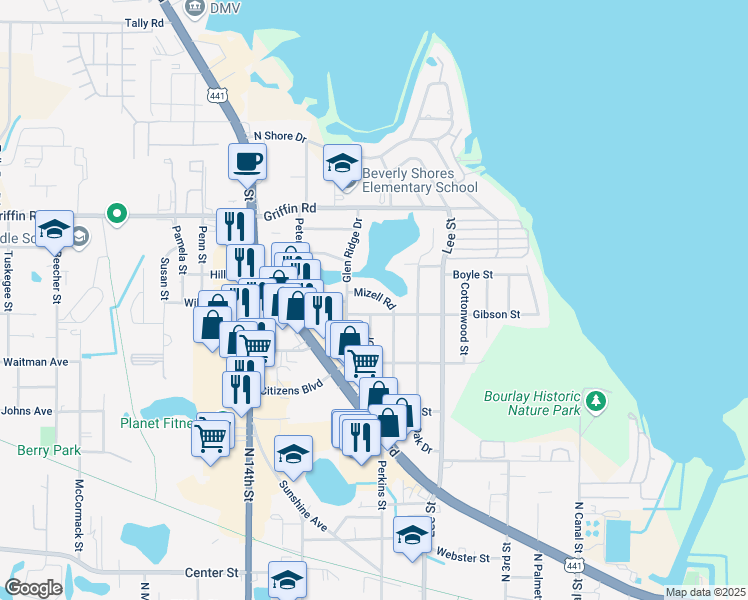 map of restaurants, bars, coffee shops, grocery stores, and more near 1111 Mizell Road in Leesburg