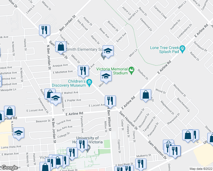 map of restaurants, bars, coffee shops, grocery stores, and more near 1110 Sam Houston Drive in Victoria