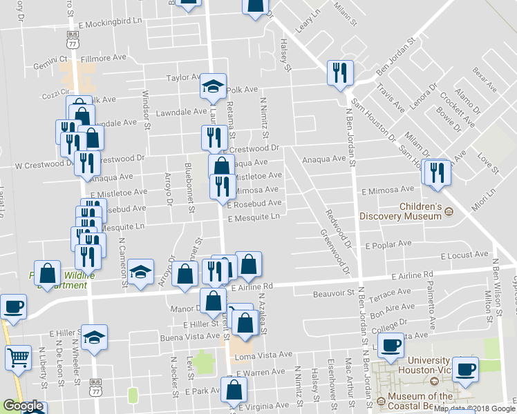 map of restaurants, bars, coffee shops, grocery stores, and more near 1503 East Rosebud Avenue in Victoria