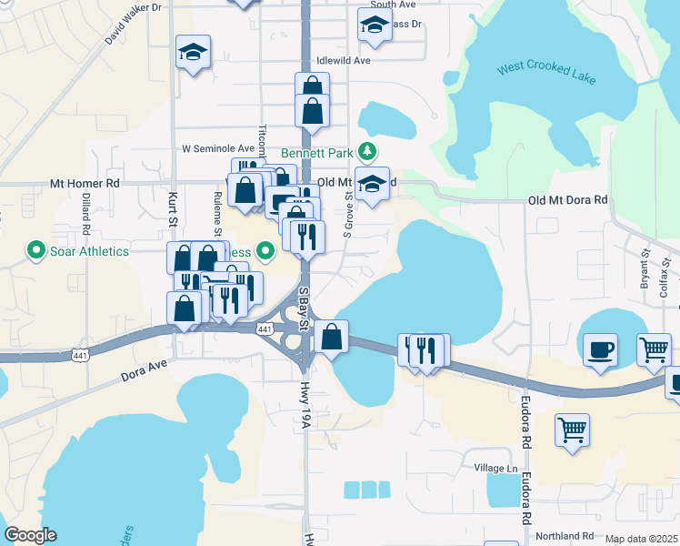 map of restaurants, bars, coffee shops, grocery stores, and more near 2927 South Grove Street in Eustis