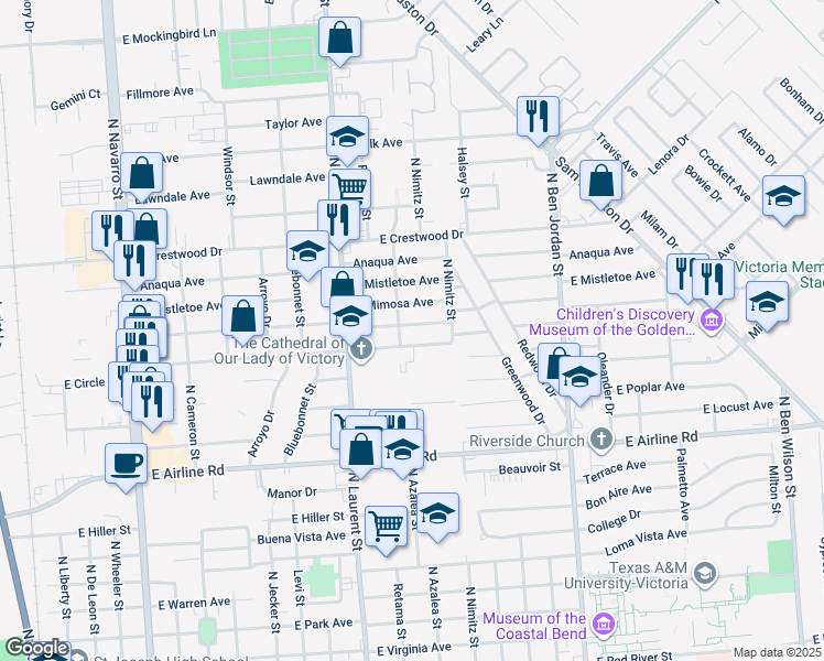 map of restaurants, bars, coffee shops, grocery stores, and more near 1505 East Rosebud Avenue in Victoria