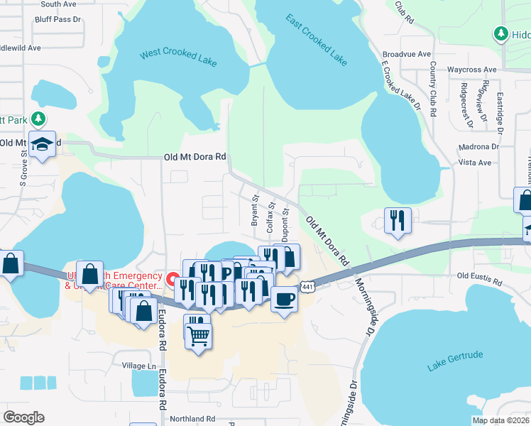 map of restaurants, bars, coffee shops, grocery stores, and more near 1620 Belmont Avenue in Eustis