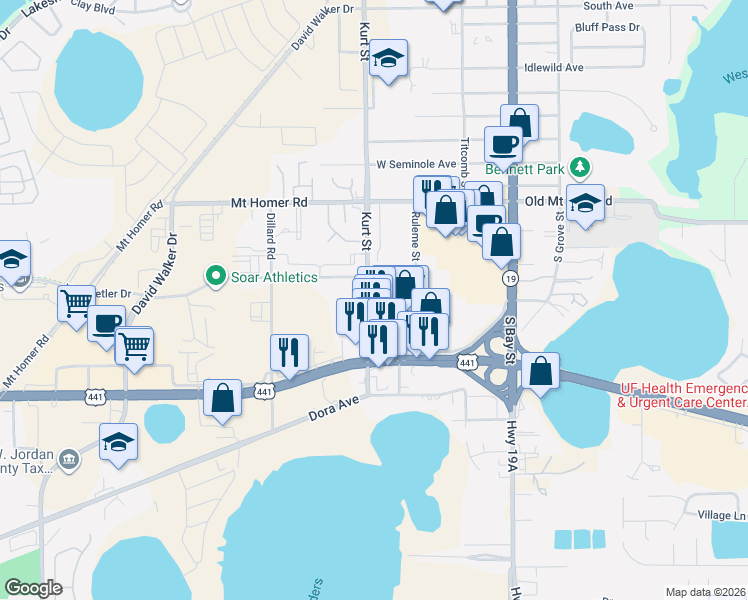 map of restaurants, bars, coffee shops, grocery stores, and more near 2815 Kurt Street in Eustis