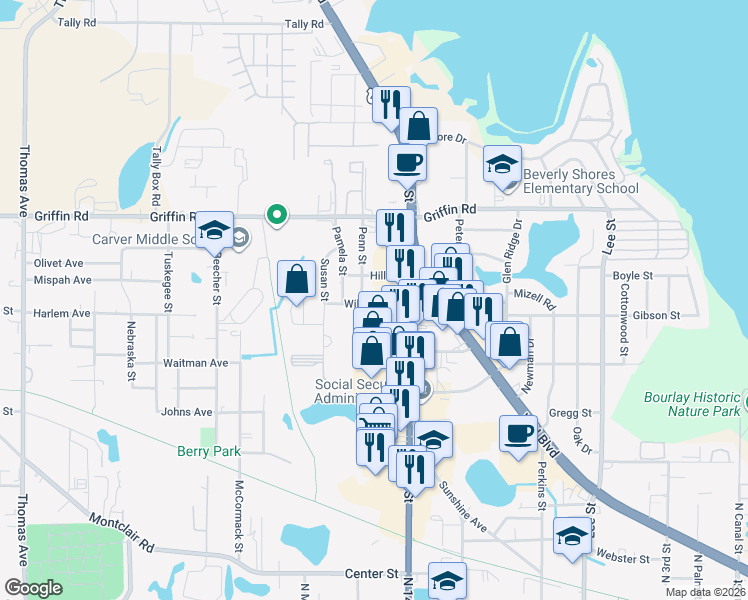 map of restaurants, bars, coffee shops, grocery stores, and more near 1102 Penn Street in Leesburg