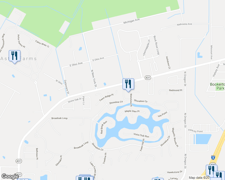 map of restaurants, bars, coffee shops, grocery stores, and more near 4994 Fawn Ridge Place in Sanford