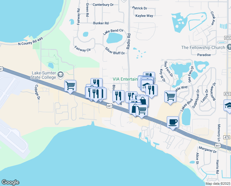 map of restaurants, bars, coffee shops, grocery stores, and more near 32702 Blossom Lane in Leesburg