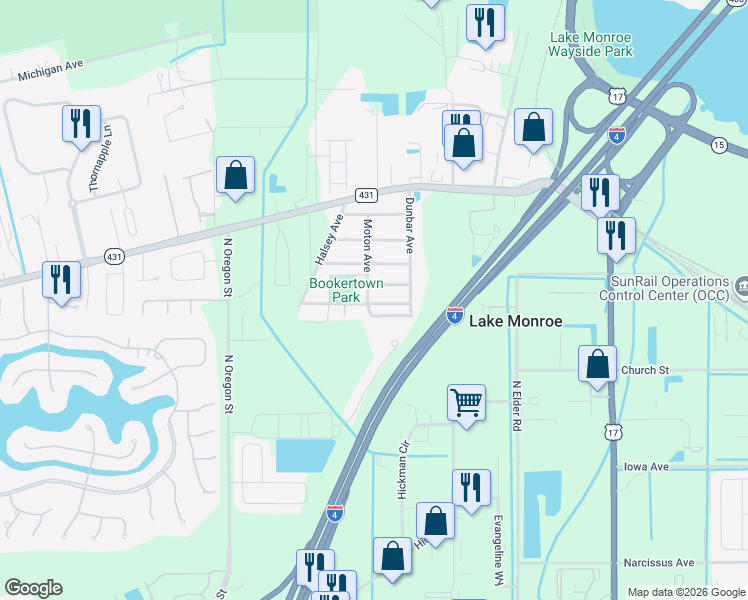 map of restaurants, bars, coffee shops, grocery stores, and more near 901 Moton Avenue in Sanford