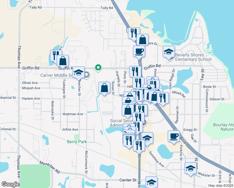 map of restaurants, bars, coffee shops, grocery stores, and more near 1102 Susan Street in Leesburg