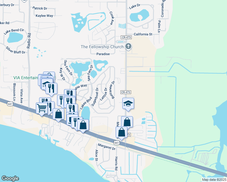 map of restaurants, bars, coffee shops, grocery stores, and more near 68 Buccaneer Drive in Leesburg