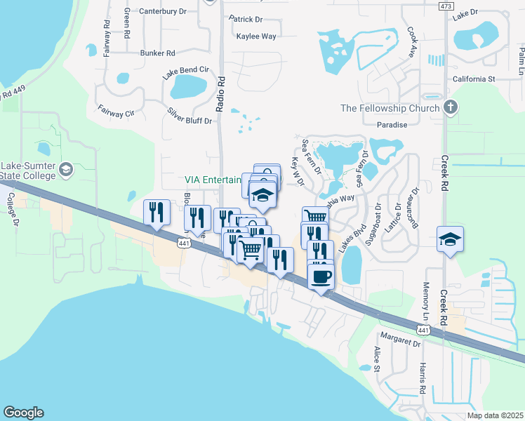 map of restaurants, bars, coffee shops, grocery stores, and more near 441 North Lake Shore Drive in Leesburg