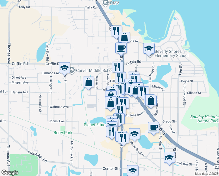 map of restaurants, bars, coffee shops, grocery stores, and more near 1102 Penn Street in Leesburg