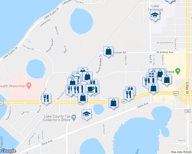 map of restaurants, bars, coffee shops, grocery stores, and more near Huffstetler Drive in Tavares
