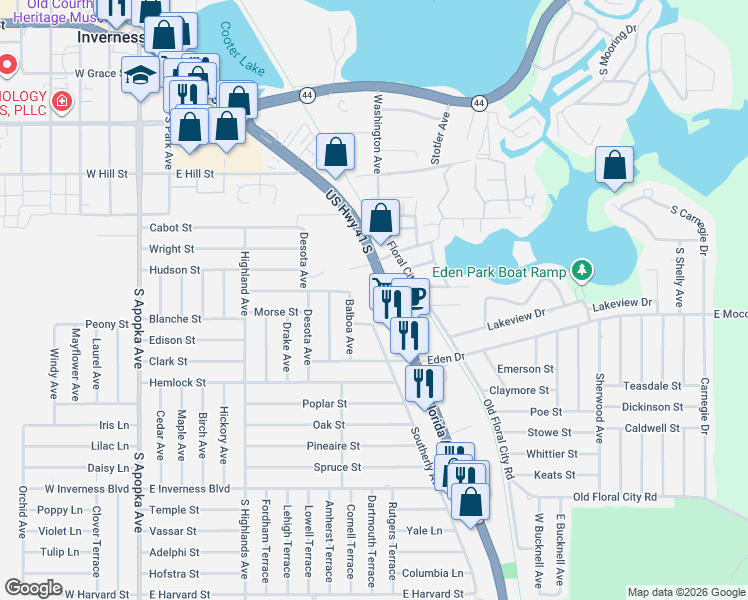 map of restaurants, bars, coffee shops, grocery stores, and more near 604 US Highway 41 South in Inverness
