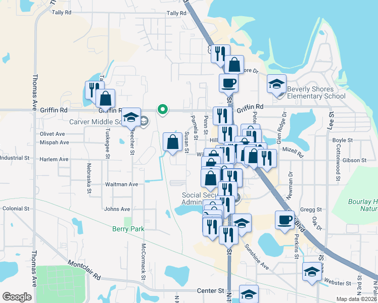map of restaurants, bars, coffee shops, grocery stores, and more near 1102 Susan Street in Leesburg