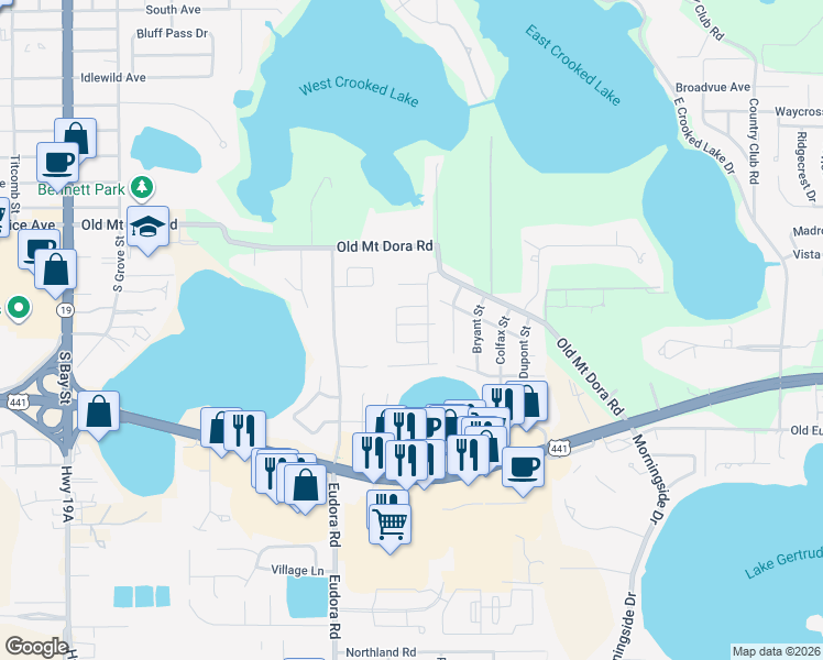 map of restaurants, bars, coffee shops, grocery stores, and more near 1240 Holiday Drive in Eustis