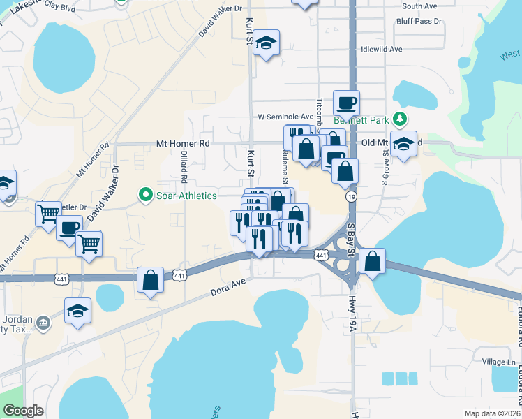 map of restaurants, bars, coffee shops, grocery stores, and more near 2815 Kurt Street in Eustis