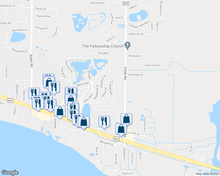 map of restaurants, bars, coffee shops, grocery stores, and more near 67 Buccaneer Drive in Leesburg