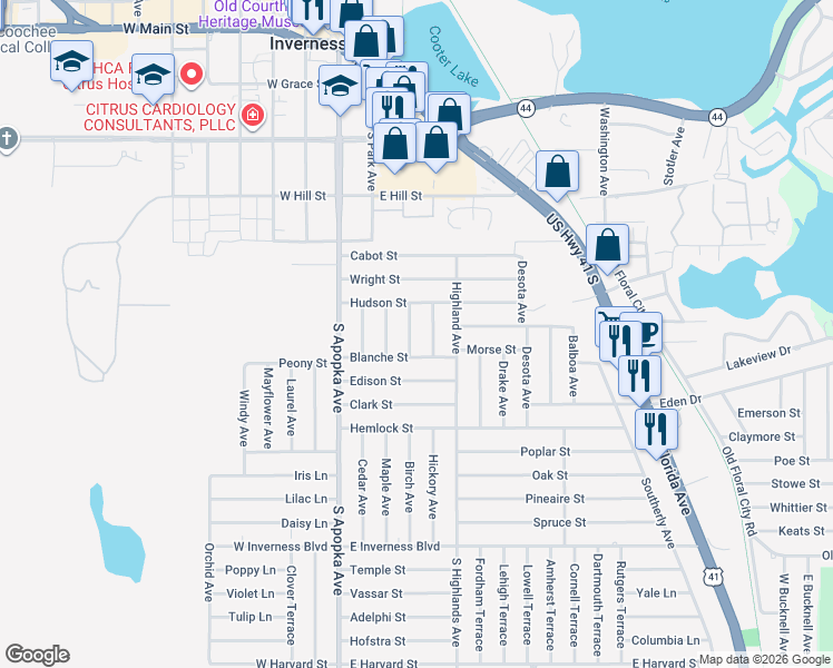 map of restaurants, bars, coffee shops, grocery stores, and more near 621 Bell Avenue in Inverness