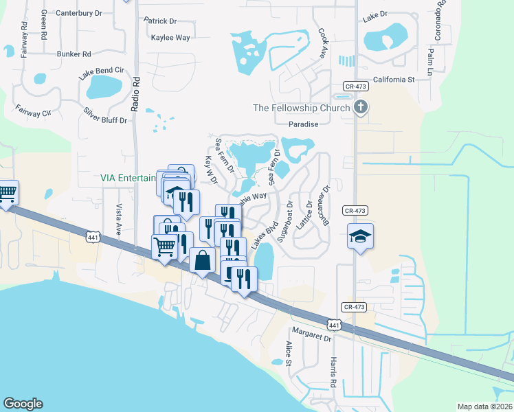 map of restaurants, bars, coffee shops, grocery stores, and more near 25 Tortuga Way in Leesburg
