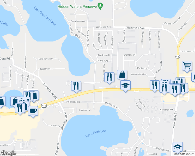 map of restaurants, bars, coffee shops, grocery stores, and more near 2951 East Crooked Lake Drive in Eustis