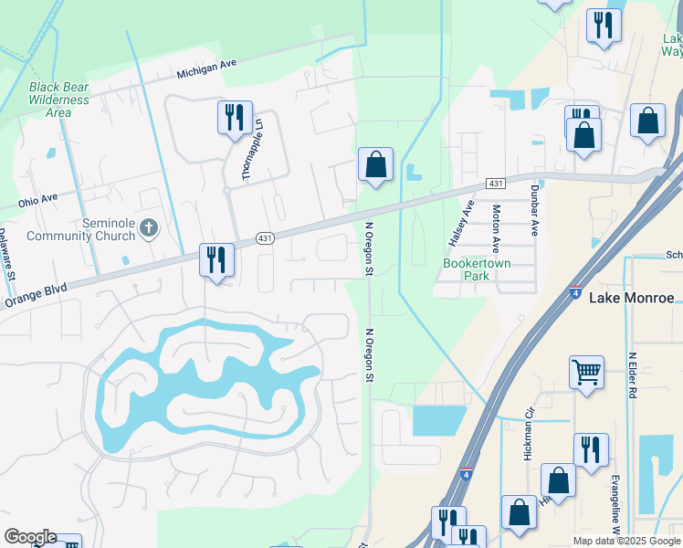 map of restaurants, bars, coffee shops, grocery stores, and more near 4574 Redmond Place in Sanford