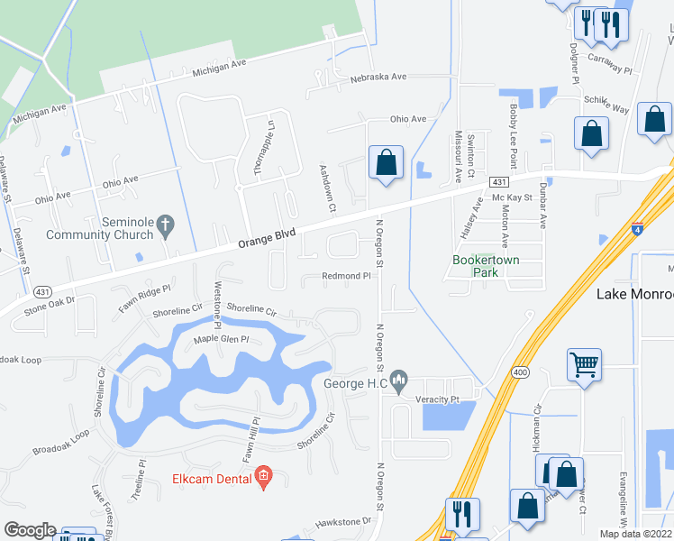 map of restaurants, bars, coffee shops, grocery stores, and more near 4594 Redmond Place in Sanford