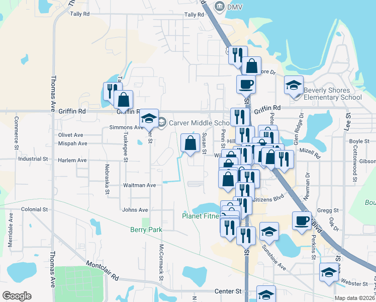 map of restaurants, bars, coffee shops, grocery stores, and more near 1727 Birchwood Circle in Leesburg