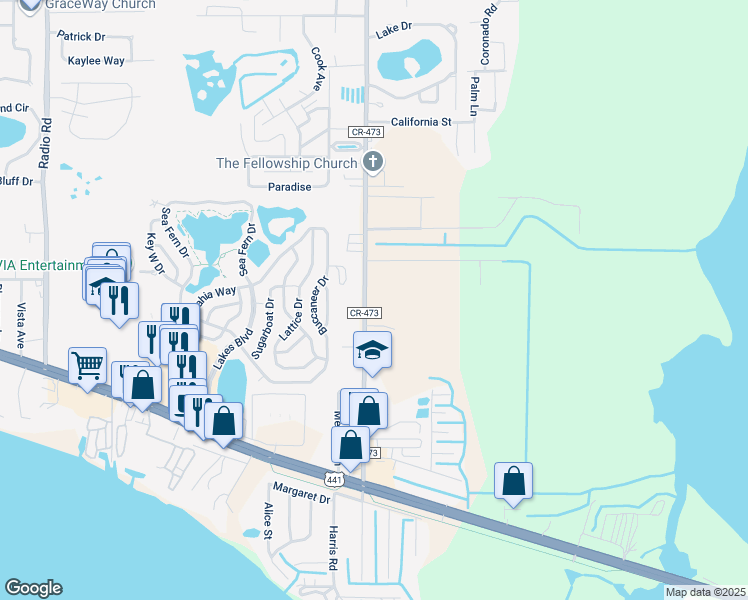 map of restaurants, bars, coffee shops, grocery stores, and more near 32714 County Road 473 in Leesburg