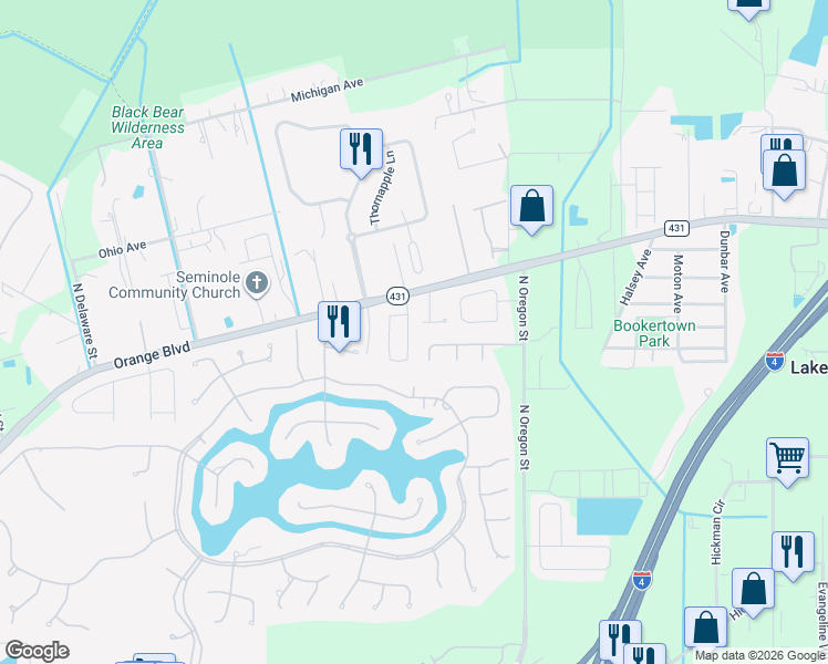 map of restaurants, bars, coffee shops, grocery stores, and more near 1157 Amanda Kay Circle in Sanford