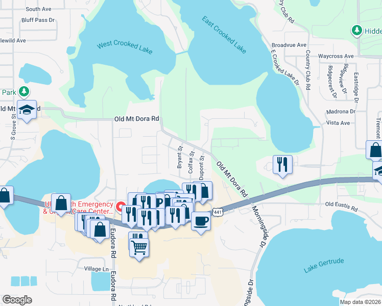 map of restaurants, bars, coffee shops, grocery stores, and more near 1620 Belmont Avenue in Eustis